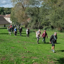Des randonneurs montent sur une colline verdoyante et ensoleillée, avec quelques arbres, et des maisons au loin