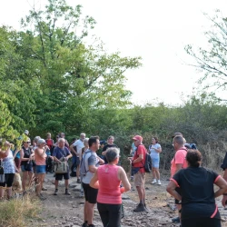 Pause des marcheurs dans une sorte de clairière au milieu d'arbres.