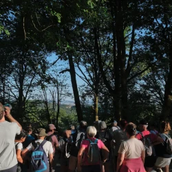 Des randonneureuses regardent au travers de quelques arbres un paysage ouvert derrière : on distingue une colline boisée, des habitations, des pâturages.